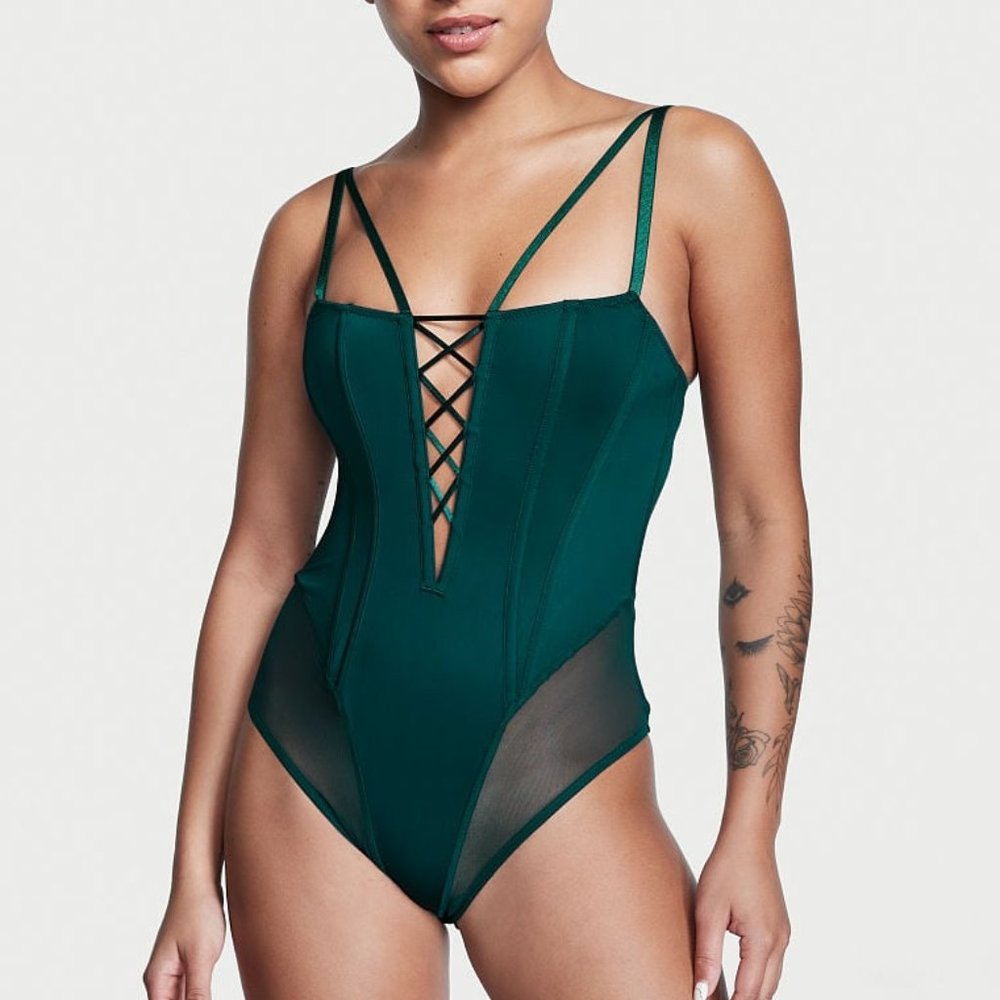 LAST DAY -- NWT VS Very Sexy Lace-Up Corset Forest Green Teddy